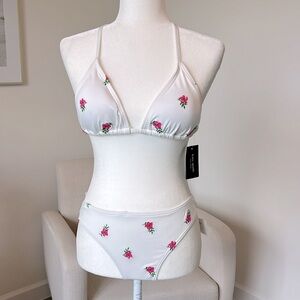 NWT Kate Spade White String Bikini Set Hot Pink Embroidered Floral Print Medium